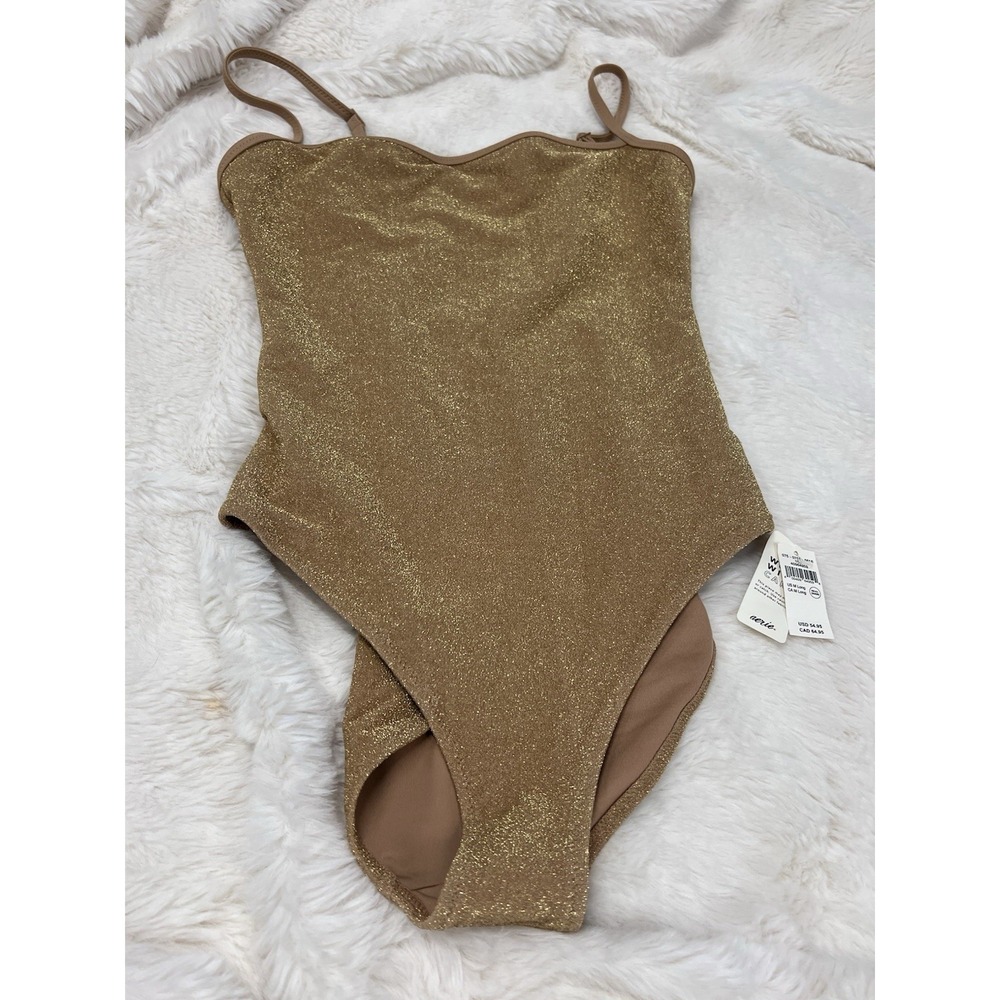 Aerie Real Good Gold Metallic Shimmer One Piece Swimsuit Full Coverage M NWT